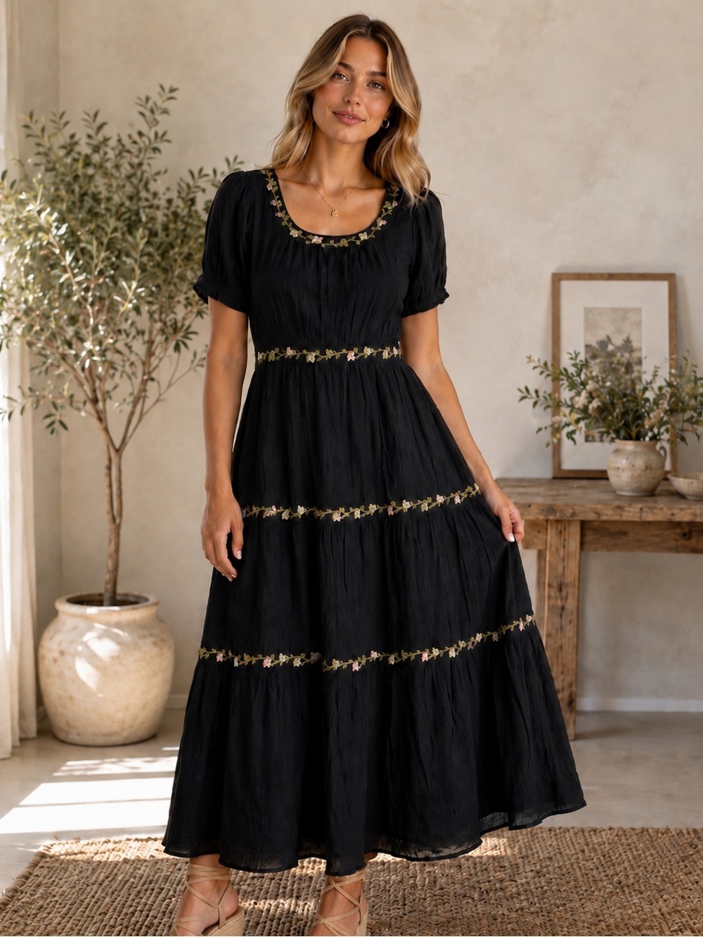 Polagram Black Maxi Dress with Embroidered Floral Trim